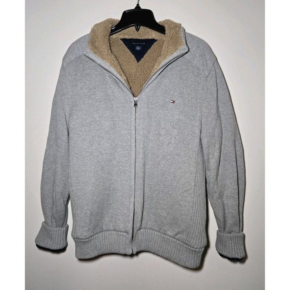 Tommy Hilfiger Sweater Zip Up Jacket Sherpa Lined - Womens S M Padded Elbows